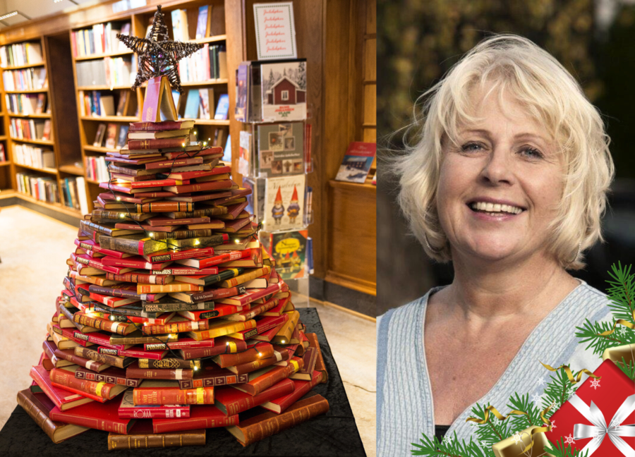 Bilde av bøker som er stablet slik at det ser ut som et juletre, med stjerne på toppen, og et portrett av bibliotekar Gunn