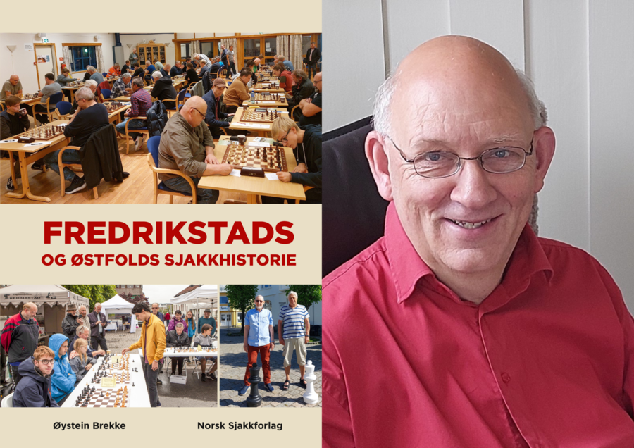 Bilde av boken "Fredrikstads og Østfolds sjakkhistorie" og forfatter Øystein Brekke